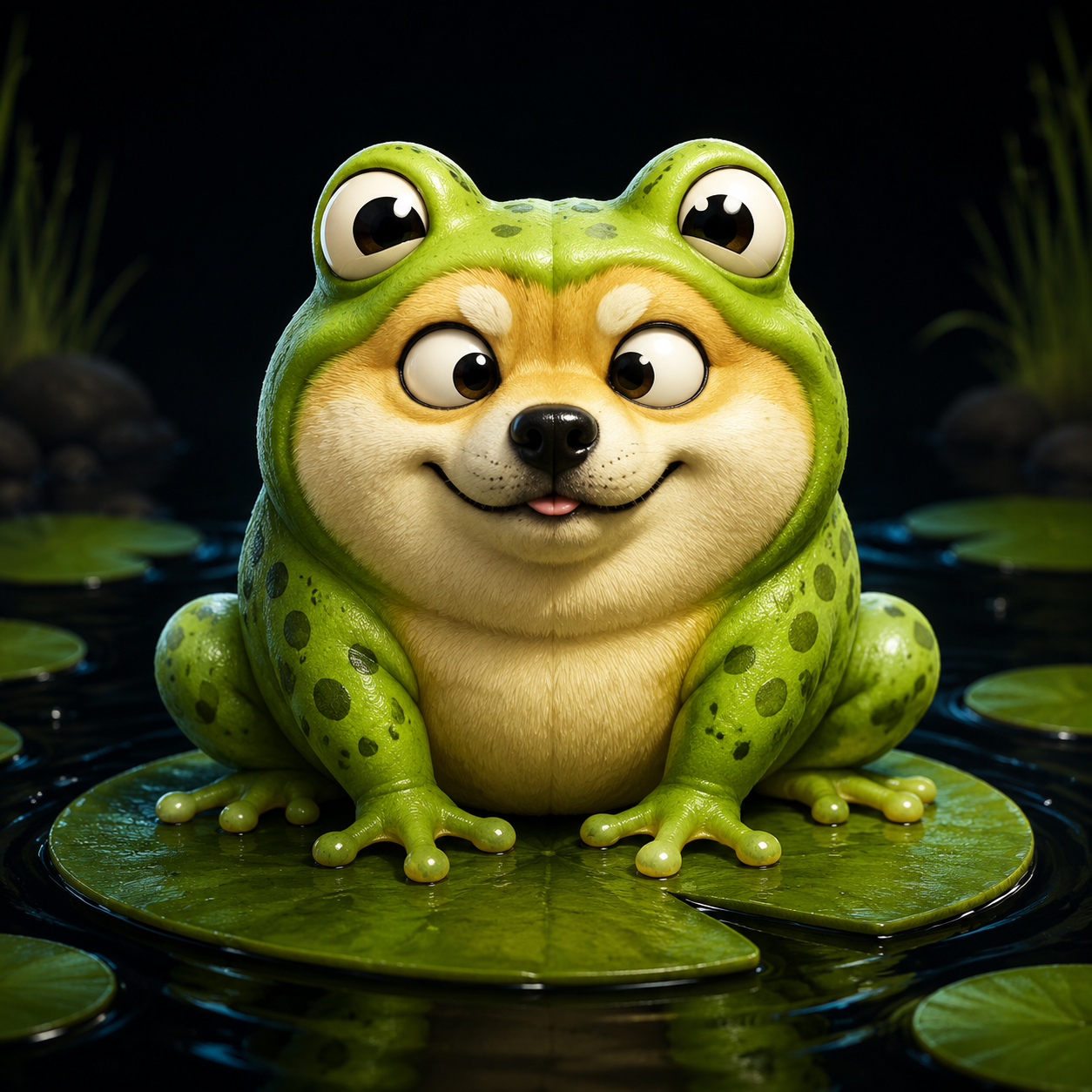A funny green dog and frog hybrid sitting in a pond